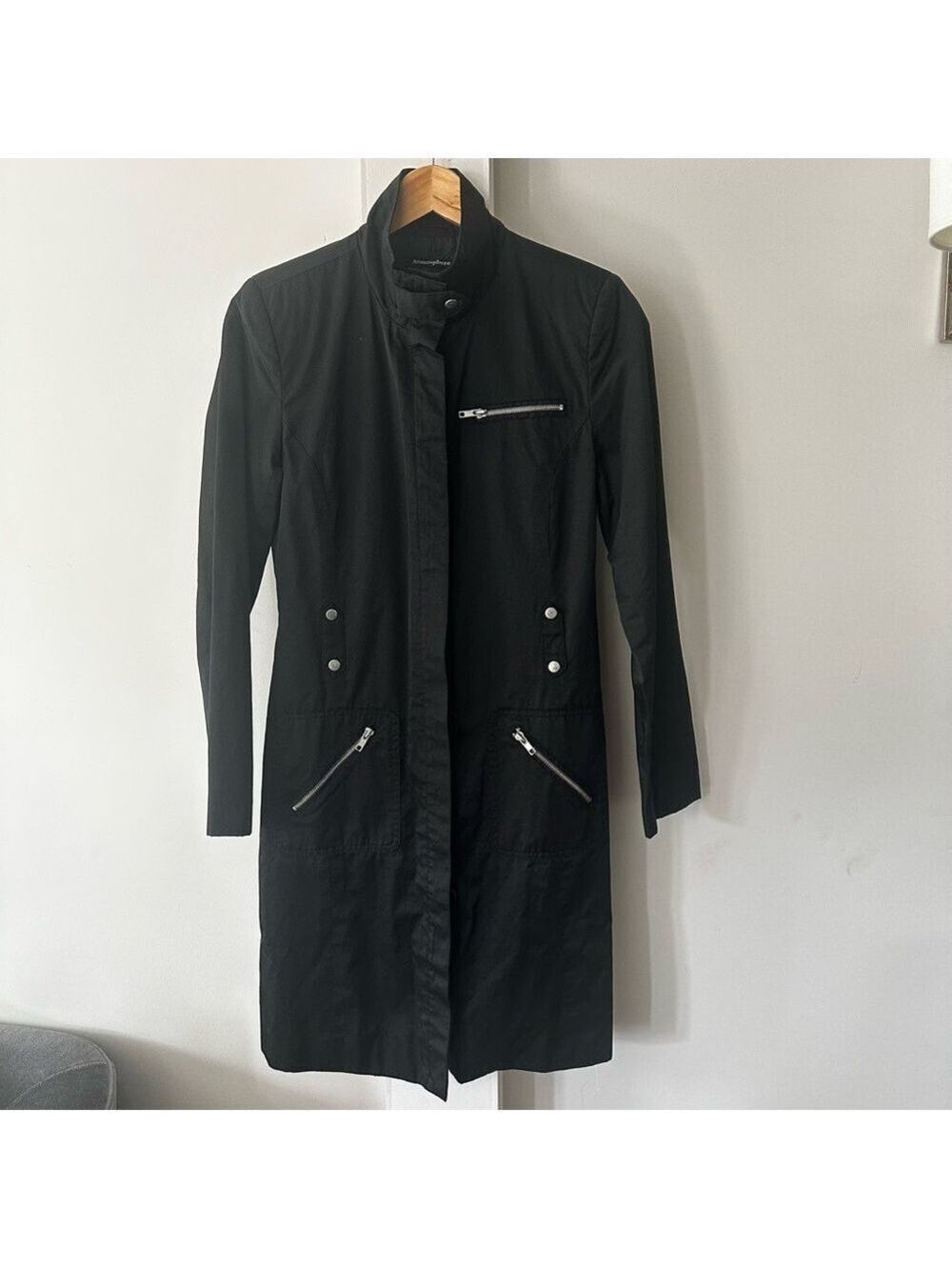 ATMOSPHERE Lightweight Button up Black Shacket zips & pockets Funnel Neck Goth